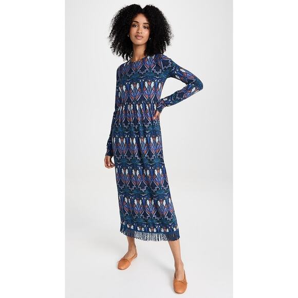 Cara Cara Liza Long Sleeve Printed Midi Fringe Hem Dress Blue Green Size M - Picture 1 of 9